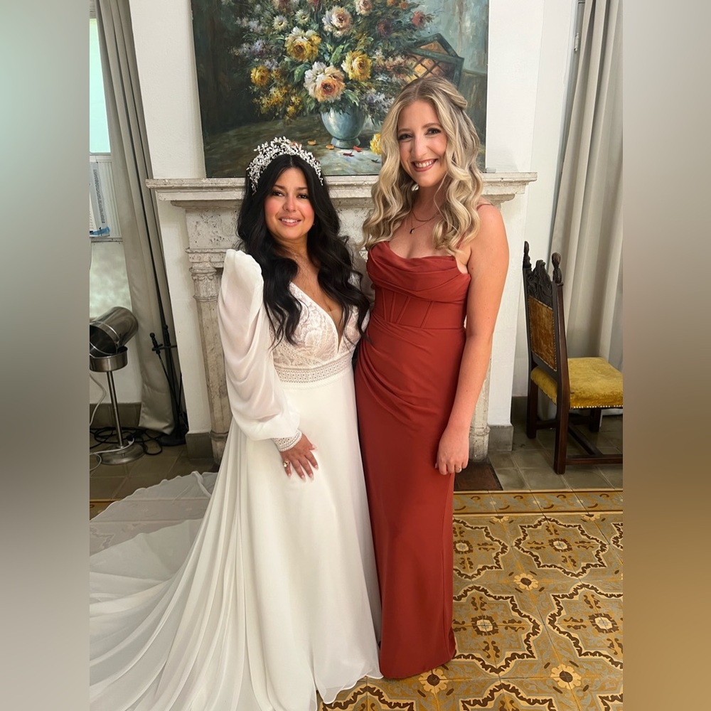 Azazie Kendall x Kylie Corset Chiffon Column Maxi Bridesmaid Terracotta Dress